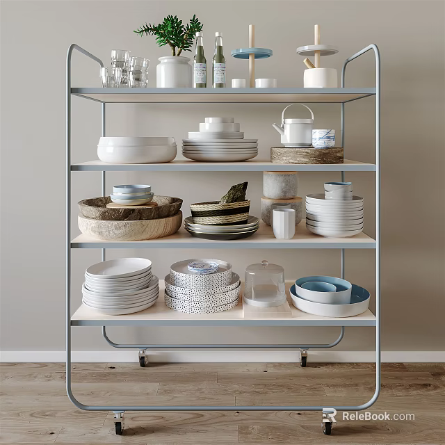 Assorted Kitchenware Displayed on Metal Shelf with Plates Bowls Cups and Jars 3d model 