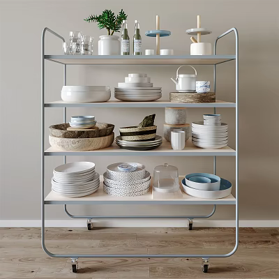 Assorted Kitchenware Displayed on Metal Shelf with Plates Bowls Cups and Jars 3d model