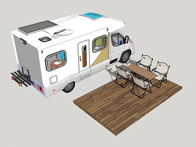 White RV Camping Setup With Outdoor Wooden Deck And Table Chairs 3d model