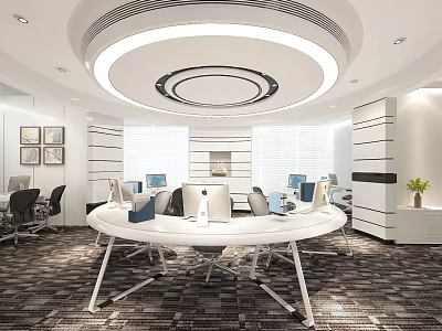 Modern Office Interior Design With Circular Meeting Table Computers And Large Windows And White Decor 3d model