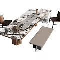 Modern Table and Chair Set with Marble Pattern Top Brown Chairs and Bench 3d model