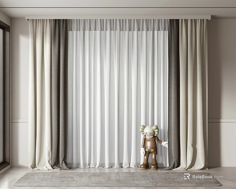 Thick Gray And Beige Curtains With Sheer White Curtains In Room Interior 3d model 