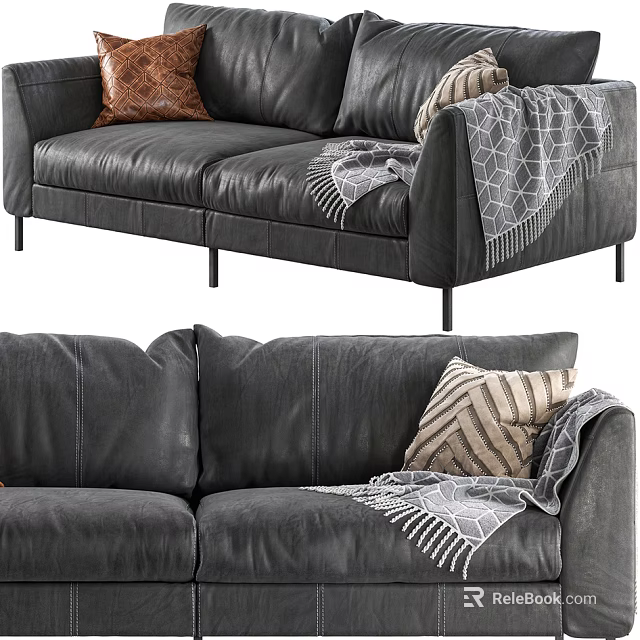Modern Black Leather Two Seater Sofa With Patterned Pillows And Fringed Blanket 3d model