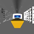 Bright Modern Exhibition Hall With Yellow Platform Display Screen Blue Content And Wall Exhibits