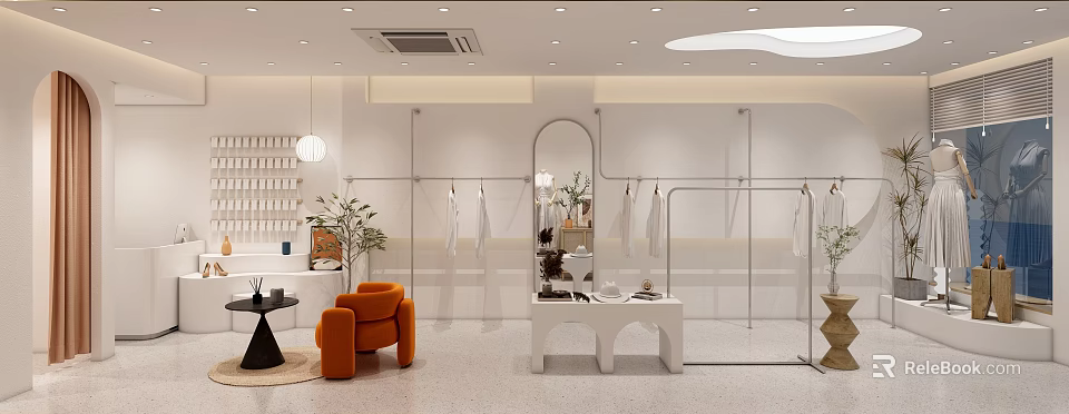 Modern Clothing Store Interior With Hanging Racks Mirrors and Comfortable Seating 3d model