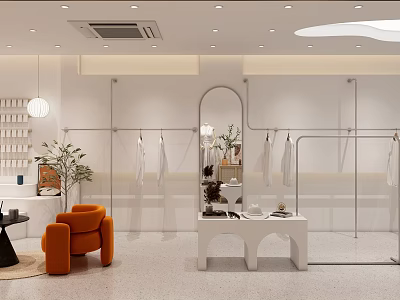 Modern Clothing Store Interior With Hanging Racks Mirrors and Comfortable Seating 3d model