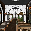 Cozy Café Interior With Arched Windows Red Brick Walls Pendant Lights And Green Plants