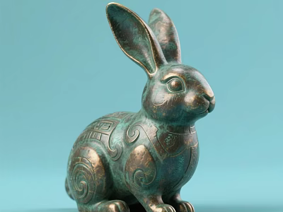 Ornament Decoration Set With Vintage Bronze Rabbit Figurine And Intricate Patina Carved Patterns 3d model