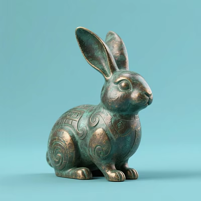 Ornament Decoration Set With Vintage Bronze Rabbit Figurine And Intricate Patina Carved Patterns 3d model