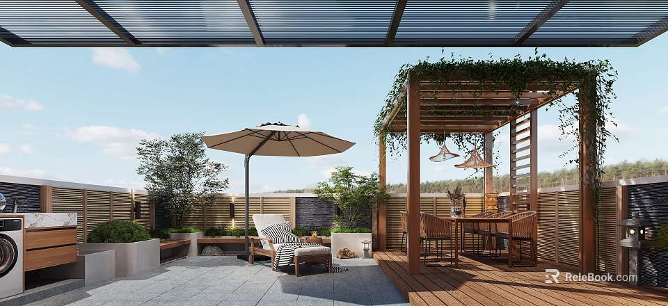 Rooftop Garden Design With Outdoor Umbrella Lounge Chair Dining Table Wooden Pergola And Green Plants 3d model 
