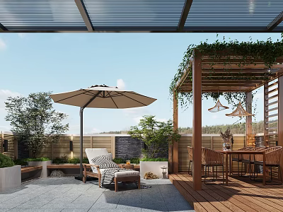 Rooftop Garden Design With Outdoor Umbrella Lounge Chair Dining Table Wooden Pergola And Green Plants 3d model