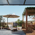 Rooftop Garden Design With Outdoor Umbrella Lounge Chair Dining Table Wooden Pergola And Green Plants