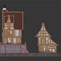 Cartoon Medieval Village Scene with Pointed Roofs Wooden Houses Lit Windows and Central Square Fountain