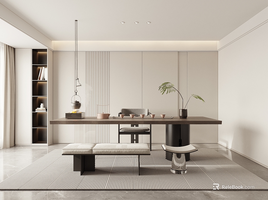 Minimalist Modern Tea Room Interior With Long Table Benches Bookshelf Potted Plant And Hanging Lamp 3d model 