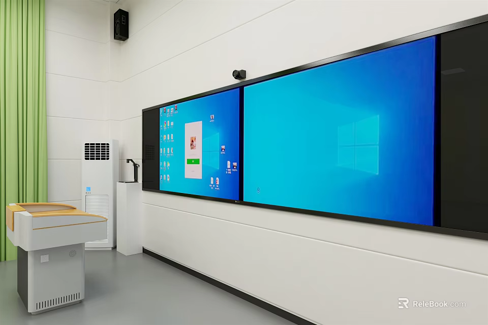 Wall Mounted Screen Displays In Modern Classroom Showing Windows Interface And Green Curtains 3d model 