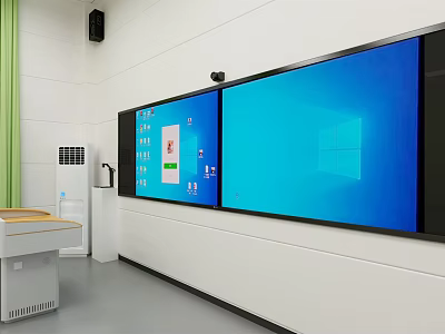 Wall Mounted Screen Displays In Modern Classroom Showing Windows Interface And Green Curtains 3d model