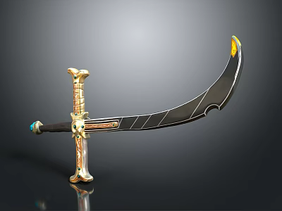 Decorative Scimitar With Golden Hilt Gemstone Accents And Black Patterned Blade 3d model