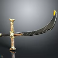Decorative Scimitar With Golden Hilt Gemstone Accents And Black Patterned Blade