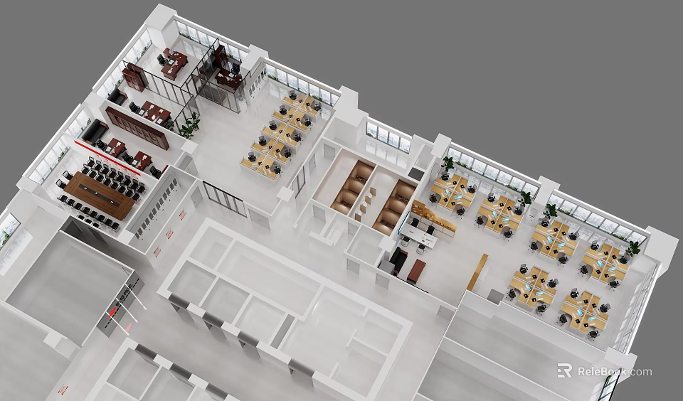 Birds Eye View of Modern Interior Layout Featuring Tables Chairs Plants and Windows 3d model 