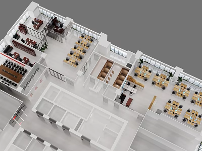 Birds Eye View of Modern Interior Layout Featuring Tables Chairs Plants and Windows 3d model