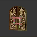 Antique Wooden Double Door With Intricate Golden Carved Patterns And Red Lock