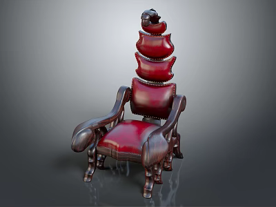 Vintage Red Leather Single Chair With Stacked Back Cushions And Wooden Armrests 3d model