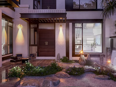 Modern Courtyard Garden With Wooden Entrance Outdoor Lights Stone Pathway And Landscaped Plants 3d model