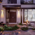 Modern Courtyard Garden With Wooden Entrance Outdoor Lights Stone Pathway And Landscaped Plants