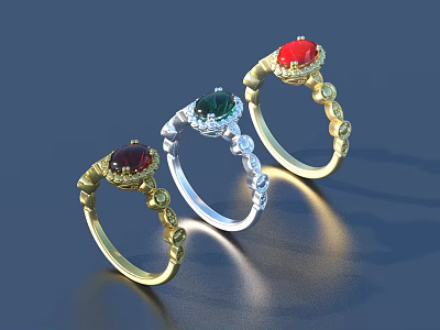 Stylish Gemstone Rings Featuring Red Green Burgundy Stones on Golden Silver Bands with Diamond Accents 3d model