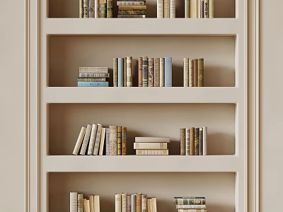 Beige Bookshelf Interior With Multiple Shelves Holding Organized Different Size Books 3d model