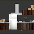 Modern Wooden Kitchen Furniture With Island Counter Stove Range Hood And Refrigerator
