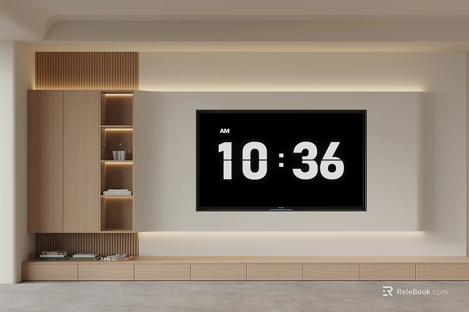 Modern Minimalist Wooden TV Stand with Cabinets Bookshelves and TV Screen in Living Room 3d model 