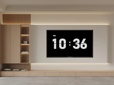 Modern Minimalist Wooden TV Stand with Cabinets Bookshelves and TV Screen in Living Room 3d model
