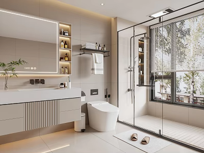 Modern Bathroom Interior with Large Mirror Shelves Towel Rack White Vanity and Glass Shower 3d model