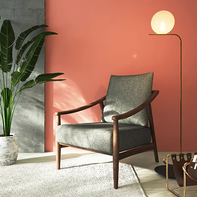Modern Gray Fabric Armchair With Wooden Frame In Pink Wall Interior With Green Plant And Floor Lamp 3d model
