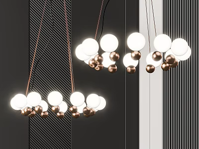 Modern Hanging Chandelier With White Globes And Copper Accents In Striped Wall Design 3d model