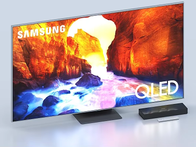 Samsung QLED TV Displaying Stunning Canyon River Scene With Sleek Stand And Soundbar 3d model