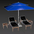 Outdoor Living Essentials Blue Patio Umbrella With Wooden Frame Lounge Chairs And Side Tables
