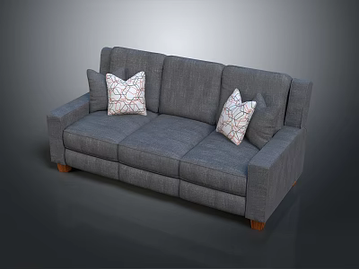 Modern Gray Three Seater Sofa With Patterned Pillows And Wooden Legs 3d model