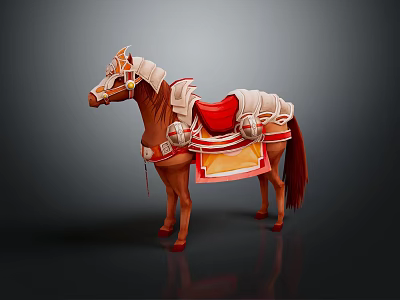 Character Mount Brown Horse Featuring Decorative Red Saddle And Ornate Gear 3d model