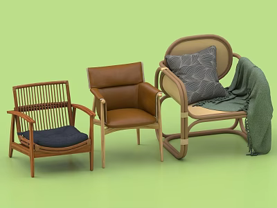 Stylish Leisure Chairs With Wooden Frames Leather Cushions And Cozy Throw Blanket 3d model