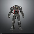 Standing Humanoid Mech Robot With Silver Red Metallic Armor And Helmet Design