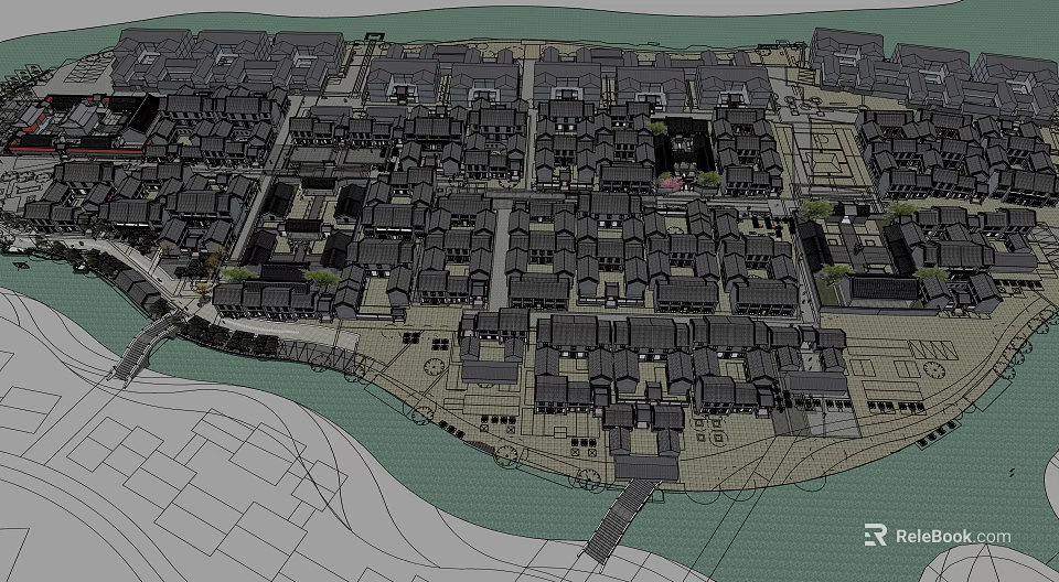 Traditional Commercial Street With Riverfront Buildings And Pedestrian Layout Design 3d model 