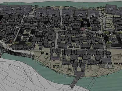 Traditional Commercial Street With Riverfront Buildings And Pedestrian Layout Design 3d model