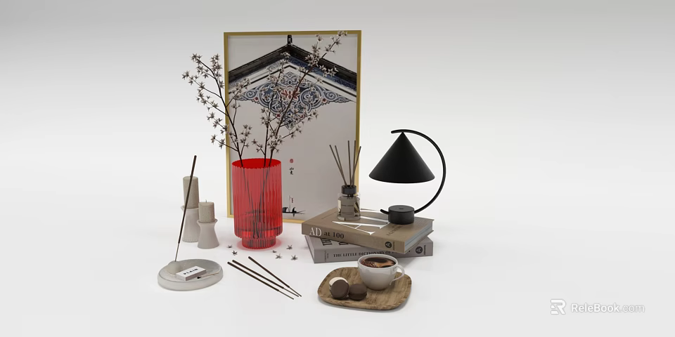 Elegant Decorative Ornament Set With Red Vase Dried Branches Black Lamp Framed Artwork And Books 3d model 