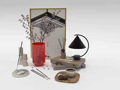 Elegant Decorative Ornament Set With Red Vase Dried Branches Black Lamp Framed Artwork And Books 3d model