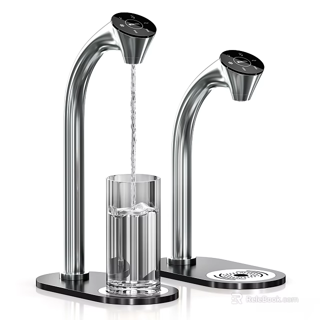 Modern Dual Stainless Steel Water Faucets With Flowing Water Into Glass Cup 3d model 