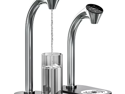 Modern Dual Stainless Steel Water Faucets With Flowing Water Into Glass Cup 3d model