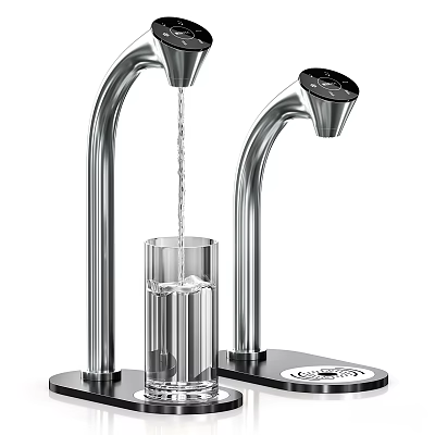 Modern Dual Stainless Steel Water Faucets With Flowing Water Into Glass Cup 3d model