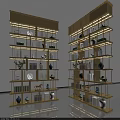 Modern Golden Frame Bookshelf With LED Lighting Multiple Shelves And Decorative Vases Books